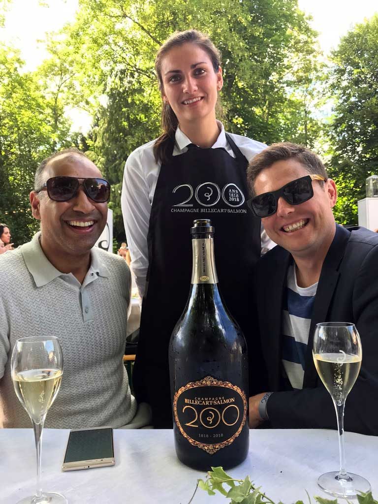Puneet Dhall and Brandon Nash with Billcart-Salmon 200 champagne bottle