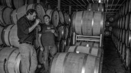 Men tasting wine in barrel room